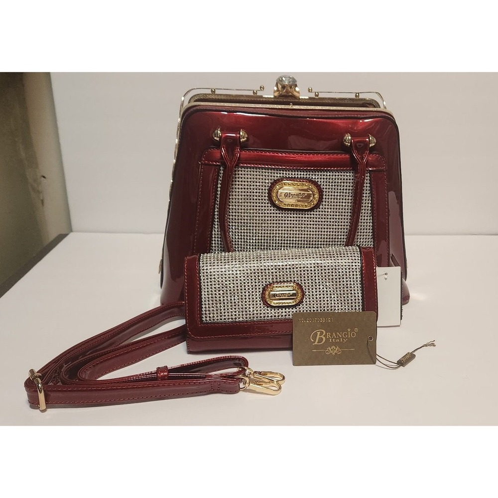 Brangio Italy Red Patent Rhinestone Satchel Handbag and Matching Wallet Set